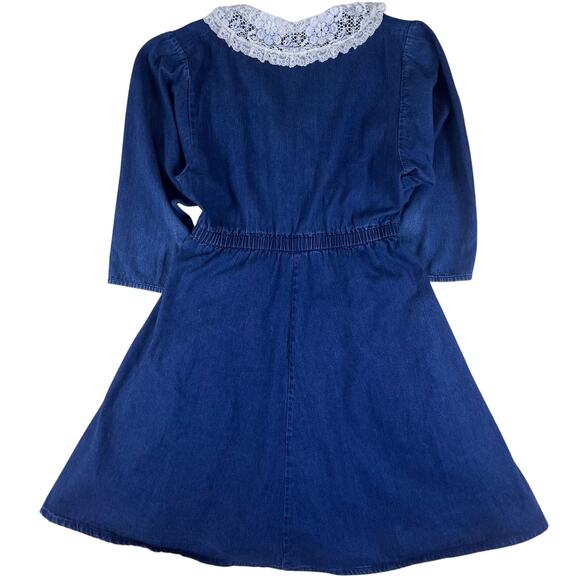 Vintage 80s Denim Prairie Dress Lace Collar M/L Cottagecore Coastal Cowgirl Midi - Picture 4 of 12